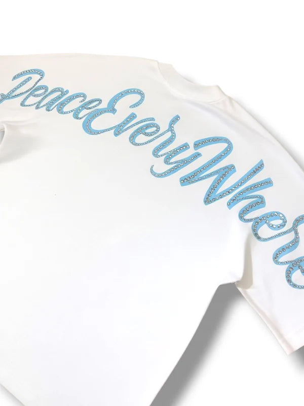 Inner Peace 'Peace Every Where' Oversized Rhinestone T-Shirt (White)