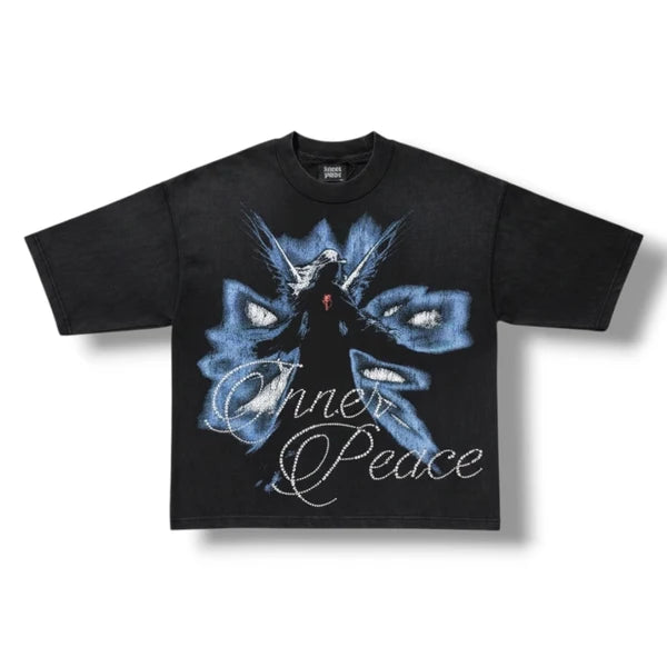 Inner Peace 'Born From Pain' Cropped Rhinestone T-Shirt (Washed Black)
