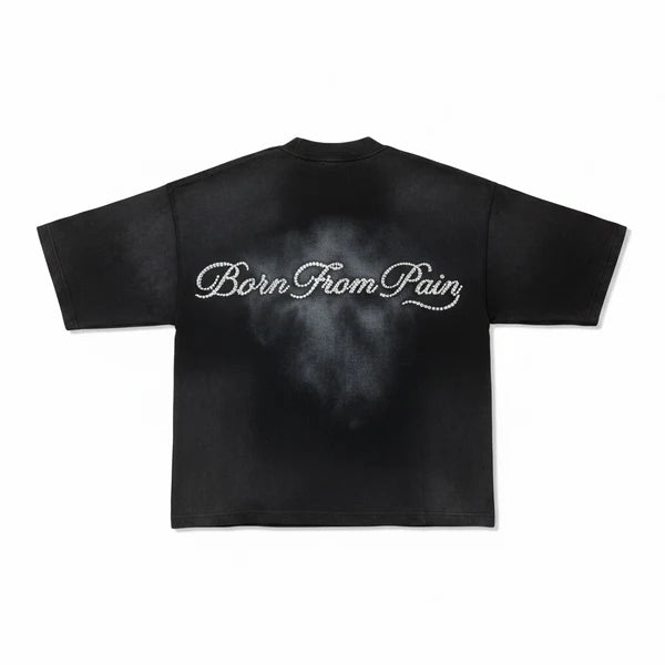 Inner Peace 'Born From Pain' Cropped Rhinestone T-Shirt (Washed Black)