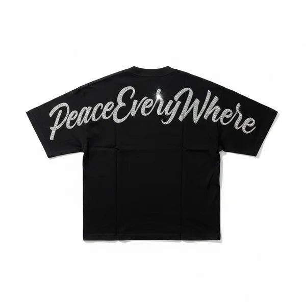 Inner Peace 'Peace Every Where' Oversized Rhinestone T-Shirt (Black)