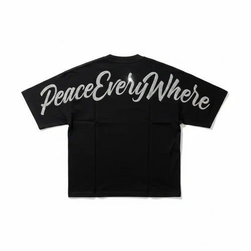 Inner Peace 'Peace Every Where' Oversized Rhinestone T-Shirt (Black)